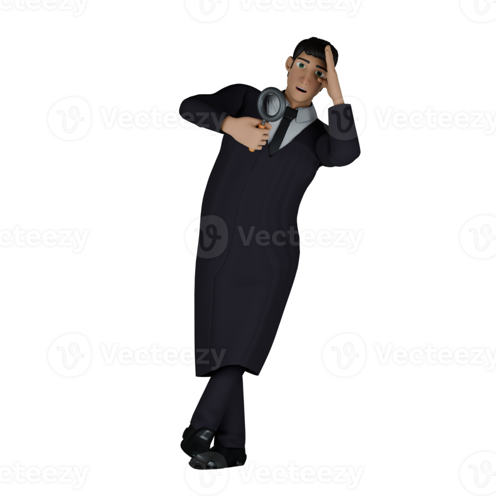 3D Model of Male Judge. A male judge stands with his right hand holding a magnifying glass and his left hand is on his head as if he is showing respect. Professional Jurist png