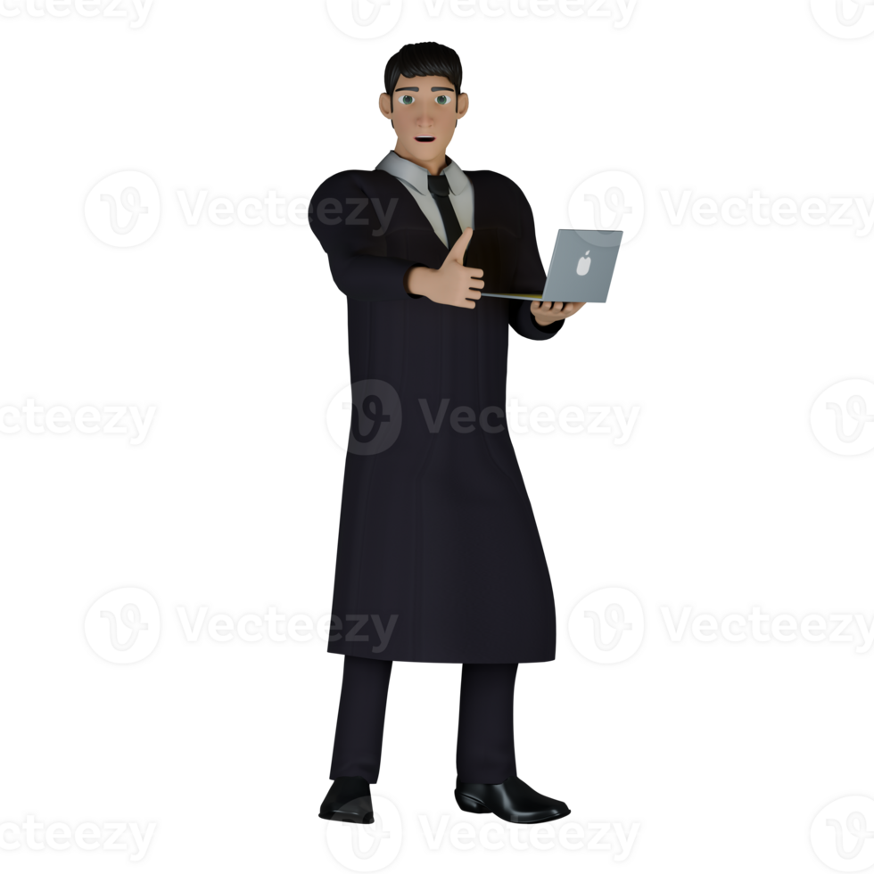 3D Male Judge. A male judge stands with his left hand holding a laptop while his right hand gives a thumbs up, as if signaling to start working. Professional png