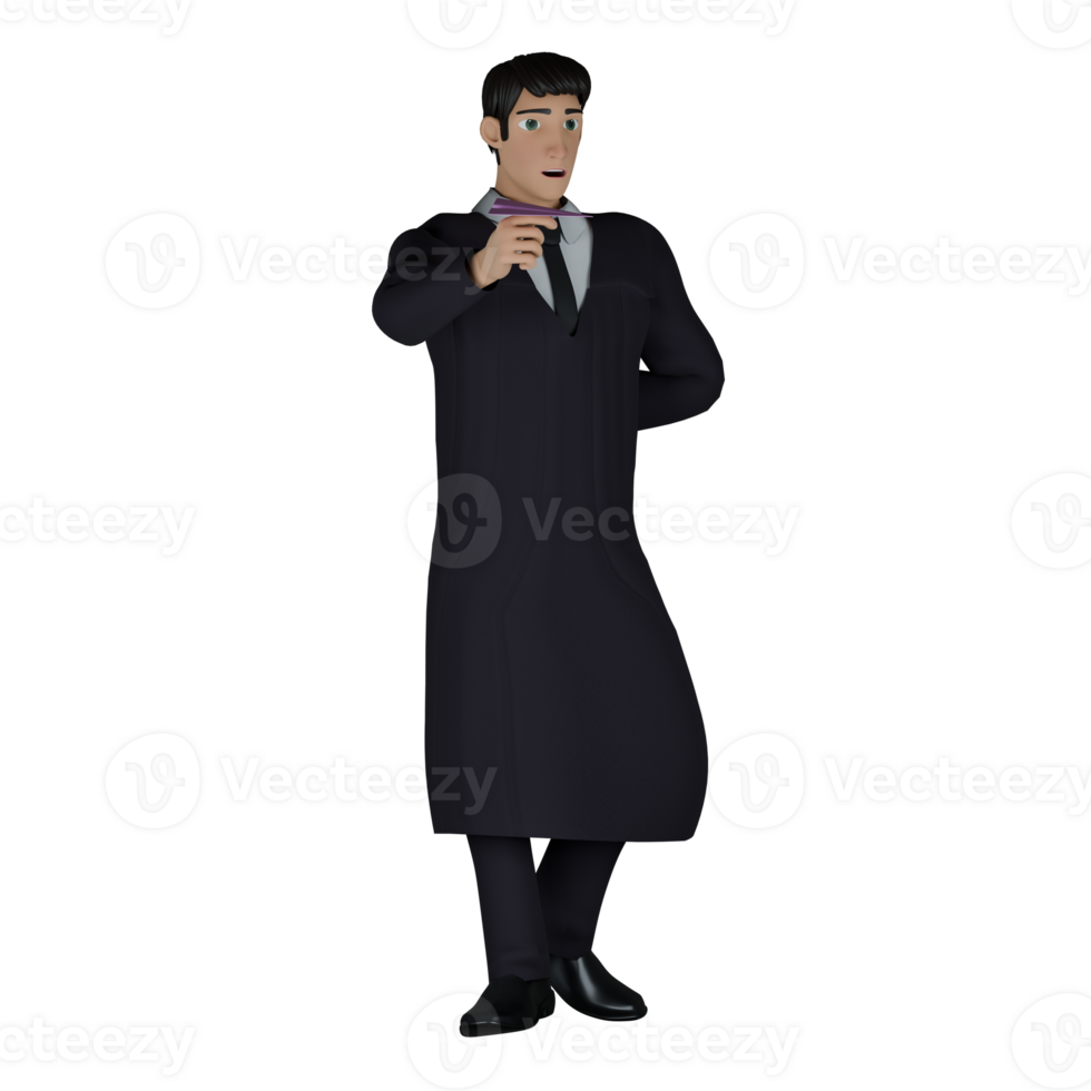 3D Male Judge in Professional Role. A male judge is seen standing with his left leg slightly bent and hiding his left hand behind his body while his right hand holds a tie knot. Judicial Cartoon png