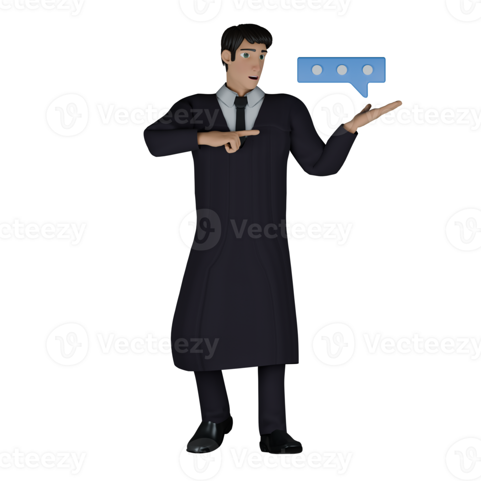 Professional Male Judge. A male judge points to a blue speech bubble floating above his hand. 3D Legal png