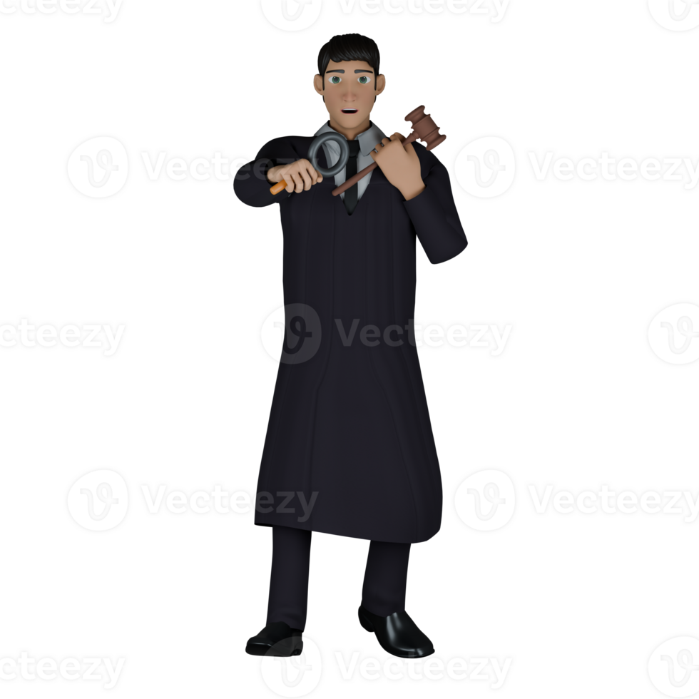 Male Judge in Court Setting. A male judge stands with his right hand holding a magnifying glass while his left hand holds a gavel. 3D Character png