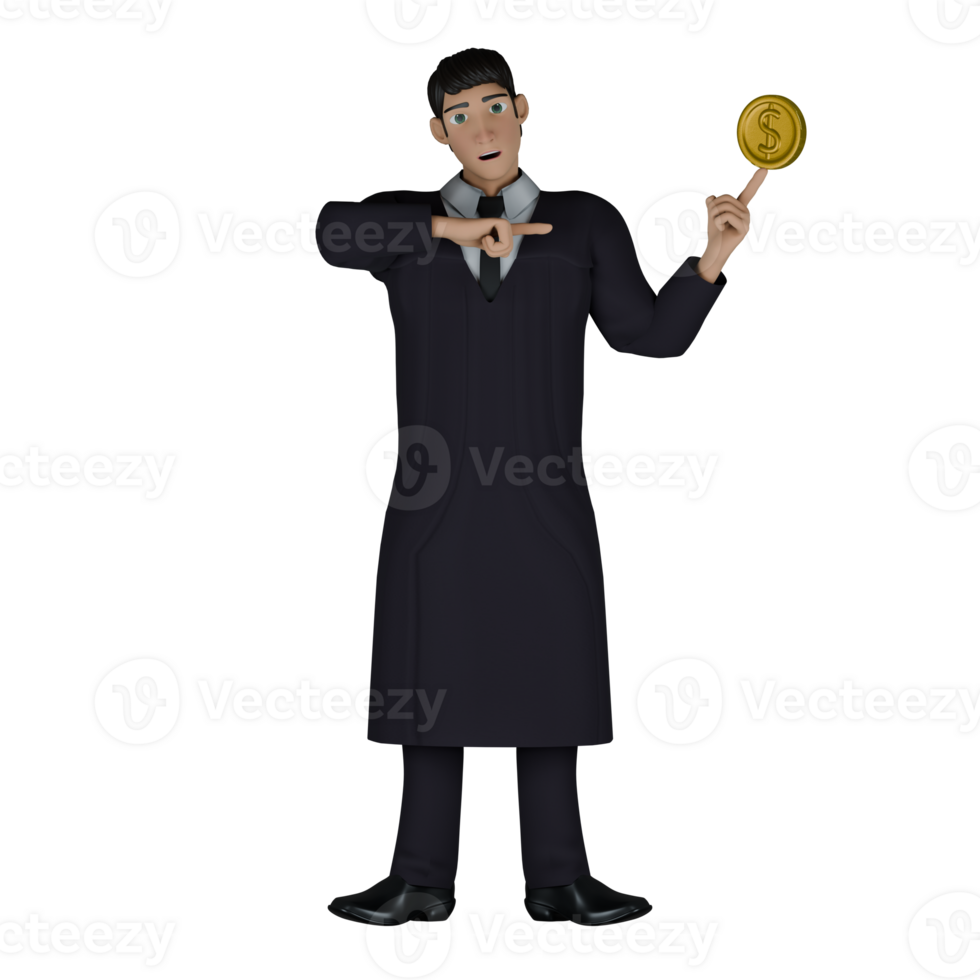 of Male Legal Professional. A male judge stands with his middle finger resting on a gold coin like a basketball player, while his right hand points towards his left hand. 3D Judge png