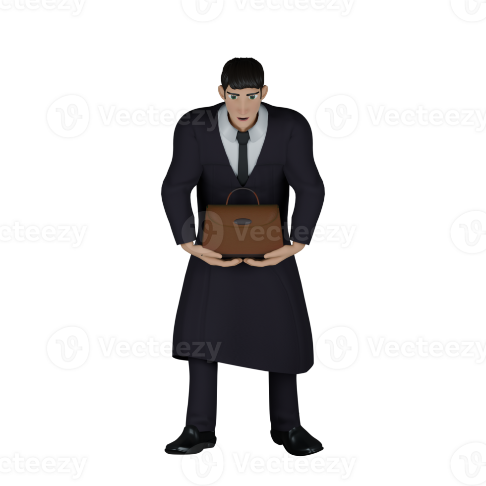Male Judge Cartoon Character. A male judge is looking down while both hands are lifting his briefcase. 3D Legal png