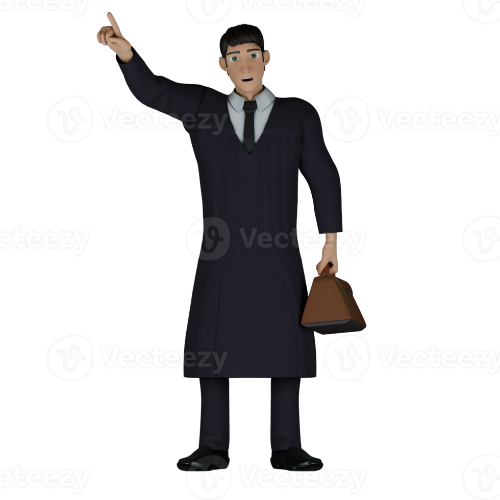 3D Model of Professional Male Judge. A male judge is seen standing with his left hand carrying a briefcase while his right hand points to the upper right. Judicial Character png