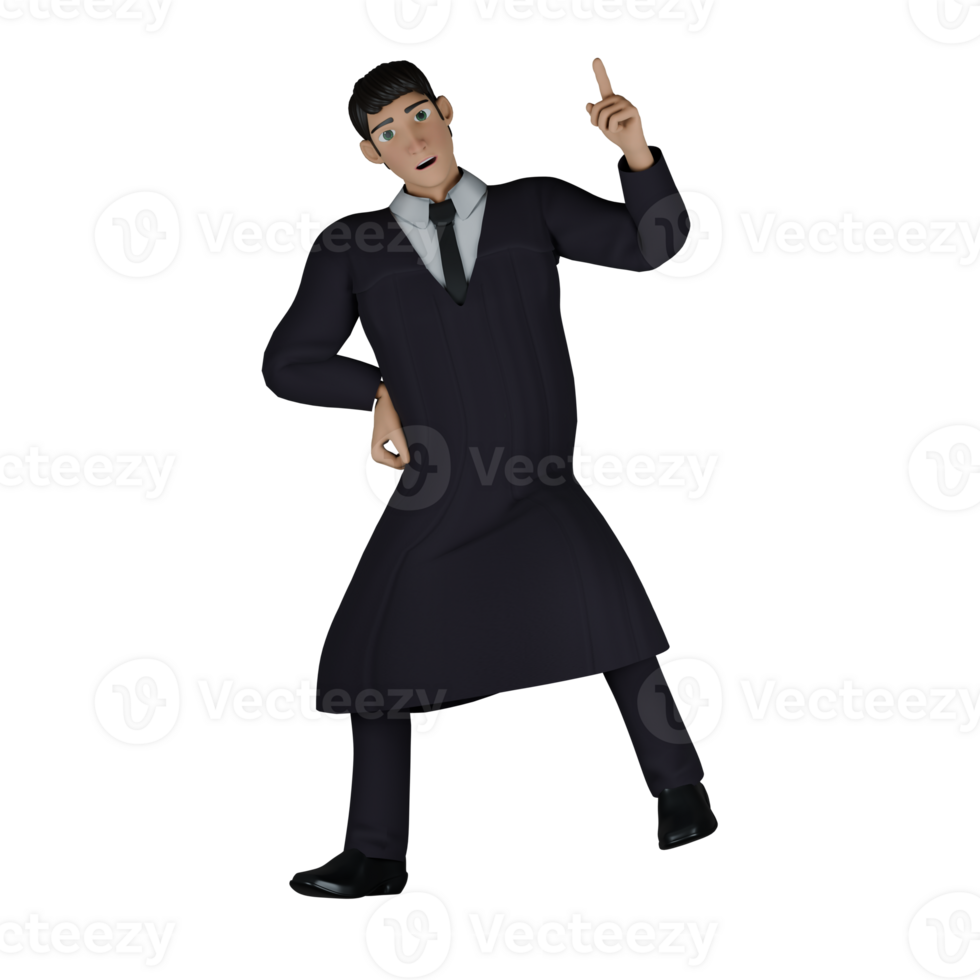 Judicial. A male judge who appears to be making a gesture. His right hand is pointing upwards, while his left hand is on his waist. 3D Male Judge png