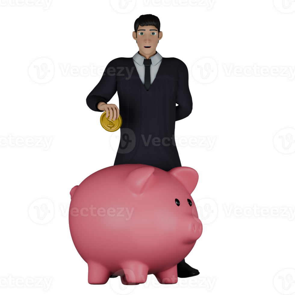 Male Judicial Professional in 3D. A male judge is putting gold coins into a large pink piggy bank in front of him. Judge Cartoon png