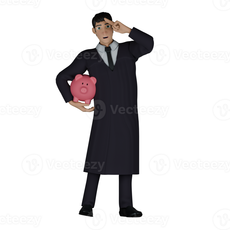 Male Judge 3D Cartoon. A male judge is standing with his right hand holding a piggy bank and his left hand raised in front of his face while pointing to the right. Professional Judicial png