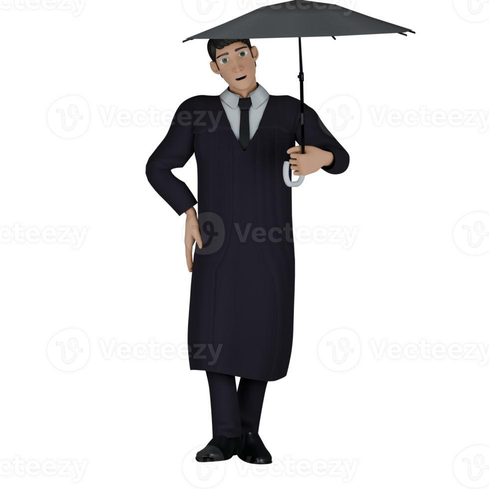 3D Male Judge. A male judge is seen using an umbrella that he is carrying with his left hand. Professional Cartoon png