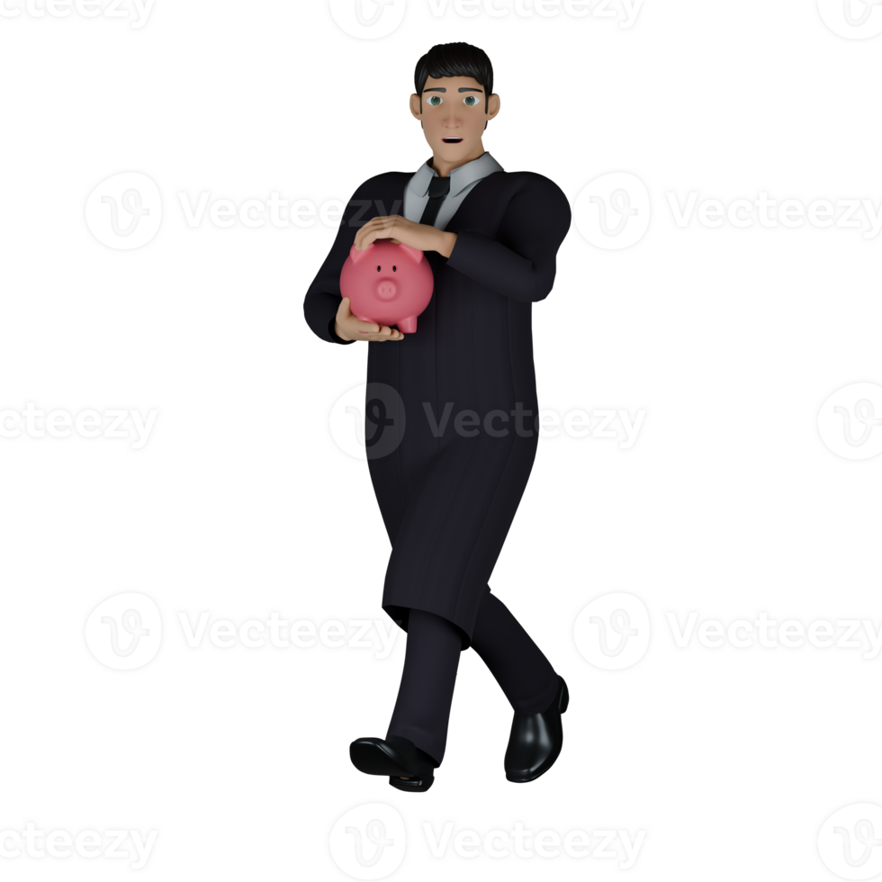 3D Male Judge Judicial. A male judge who is holding a pink pig-shaped piggy bank with both of his hands. Professional png