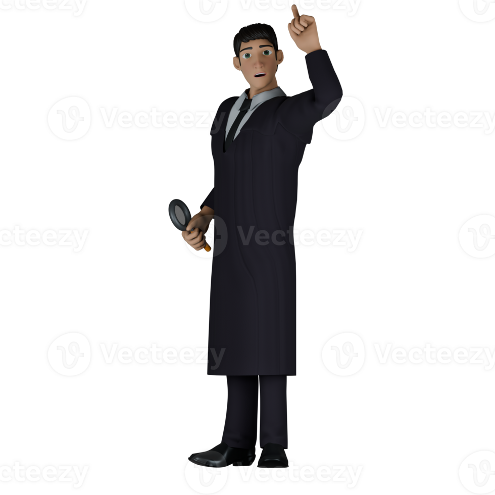 Illustrated Legal Professional. A male judge stands with his right hand holding a magnifying glass while his left hand points up. 3D Male Judge png