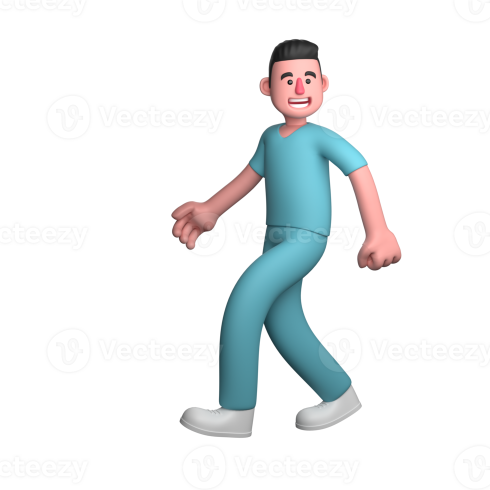 Male Nurse Character. A male nurse is walking with a cheerful and enthusiastic expression. 3D Hospital Style png