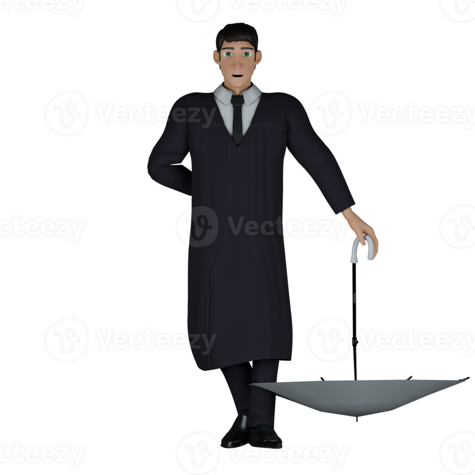 Professional Judicial Male. A male judge is seen standing with his left hand pointing the open umbrella downward and his right hand hidden behind his body. 3D Judge png
