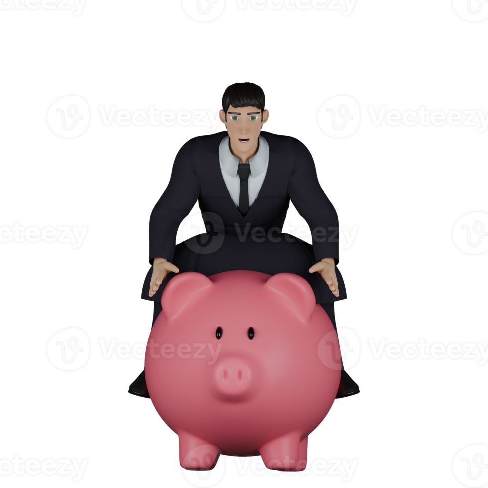 Male Judge in Judicial 3D. A male judge is seen riding a large pink piggy bank. Professional Character png
