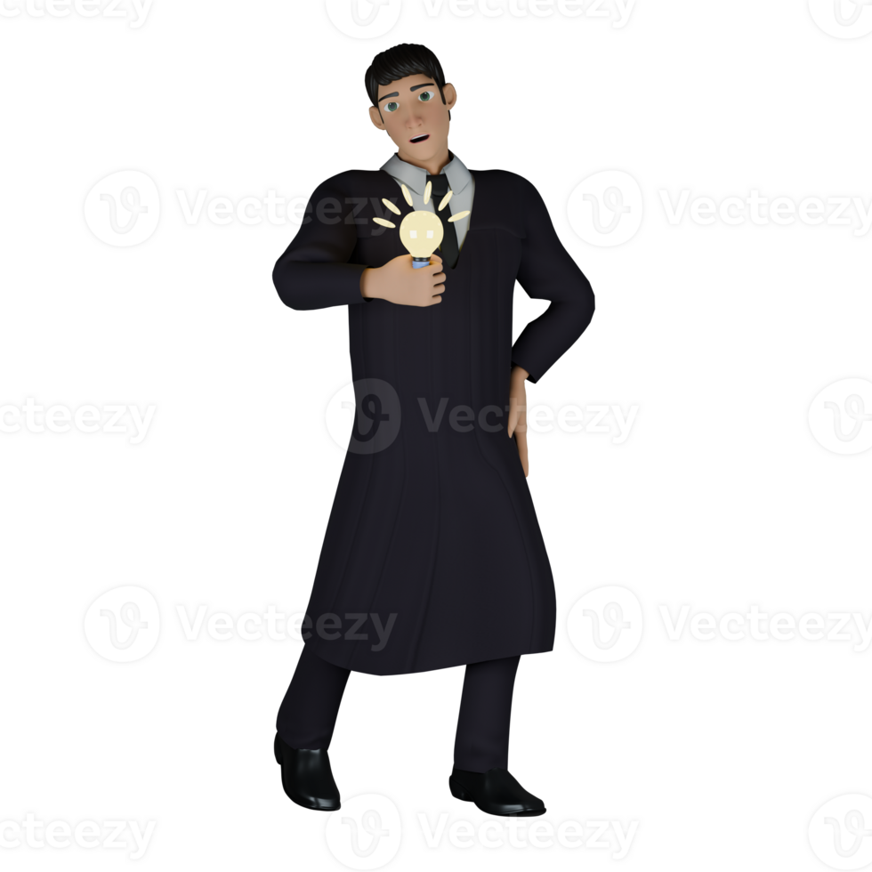 Judicial Judge Professional in 3D. A male judge is standing, his right hand is holding a brightly lit light bulb in front of his chest and his left hand is on his waist. Male png