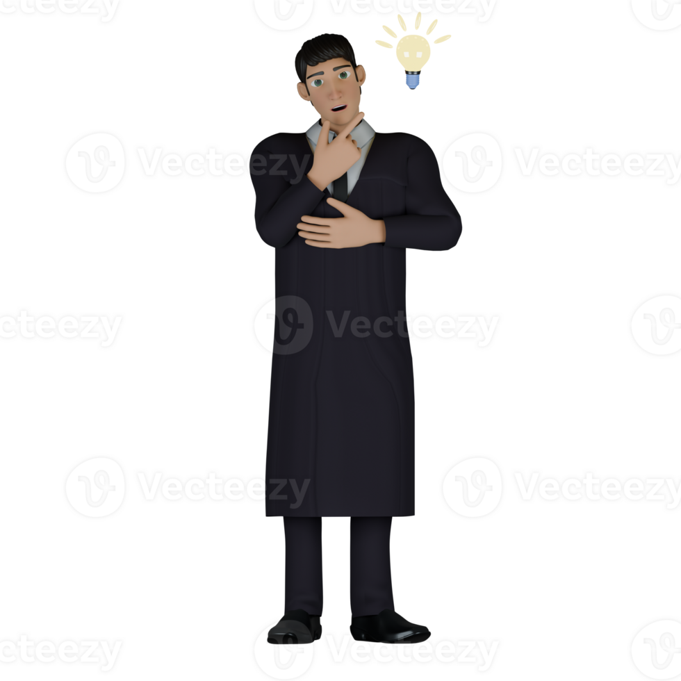 A male judge stands with his left hand in front of his chest, while his right hand holds his chin, and on the left side of his head there is a light bulb that is lit, as if he has an idea in his mind. png