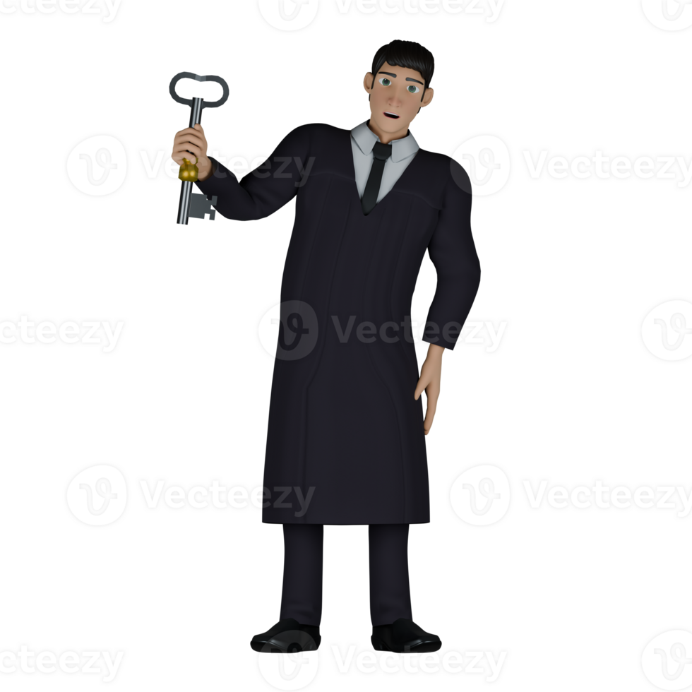Illustrative 3D Male Judge. A male judge who is standing with his right hand raised, holding a large key. Professional png