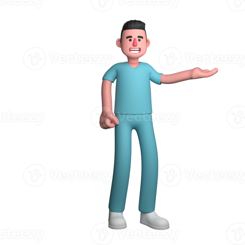 Hospital Care in 3D. A male nurse stands with his left hand outstretched with the palm facing sideways, as if giving an explanation. Cartoon Male Nurse png