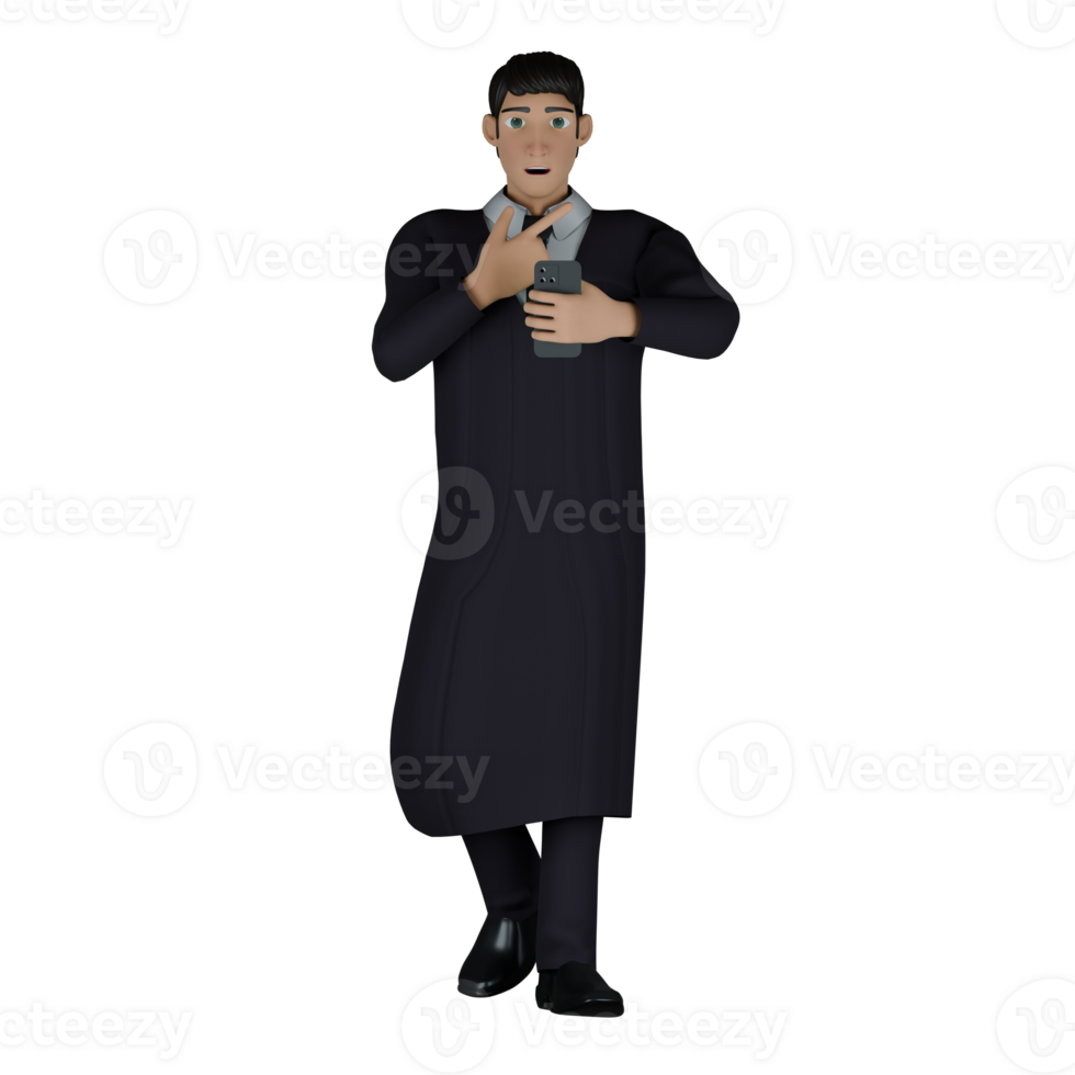 Professional Male Judge in 3D Animation. A male judge is holding a cellphone in his left hand, while his right hand is placed on his chest, as if he is surprised or confused. Judicial png