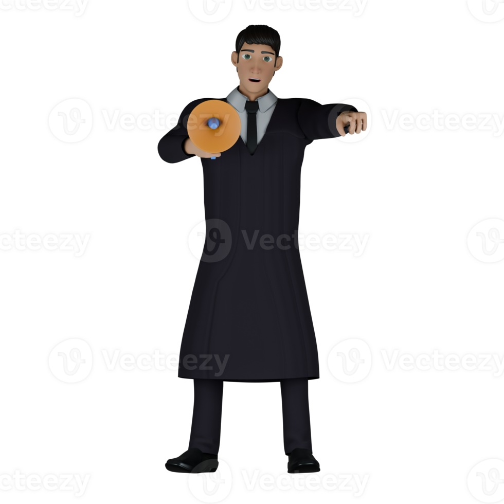 Professional Judge in 3D. A male judge looks like he is speaking with the help of a loudspeaker while his left hand is pointing forward. Male png