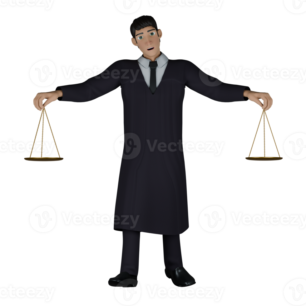Animated Professional Judge. A male judge holds two golden scales in both hands, which symbolize balance and justice. 3D Male png