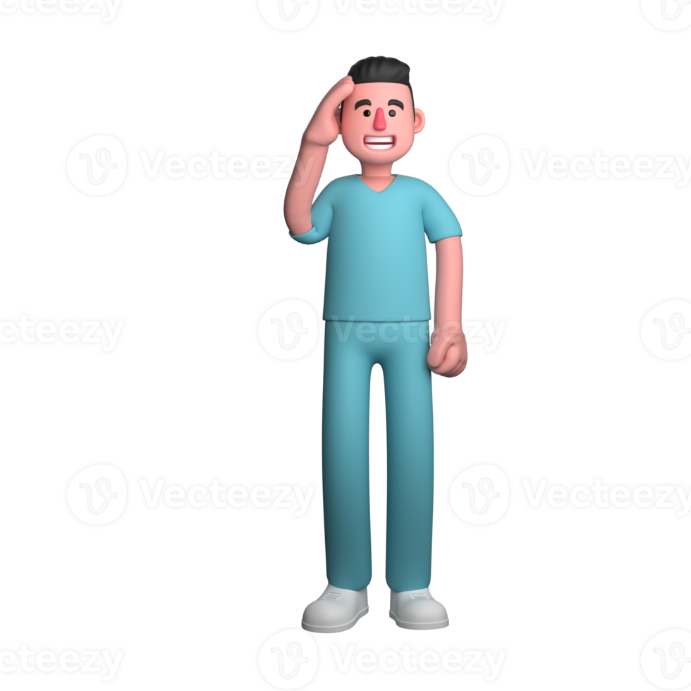 Animated Male Nurse. A male nurse stands with his left hand clenched while his right hand holds his head while smiling. 3D Health Practitioner png