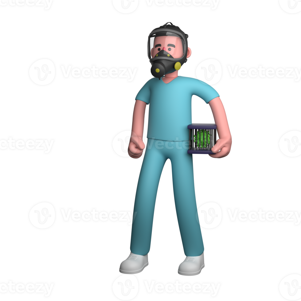 3D Cartoon Health Worker. A male nurse is standing wearing a gas mask, and his left hand is carrying a virus that is in an iron box. Nursing Actions png