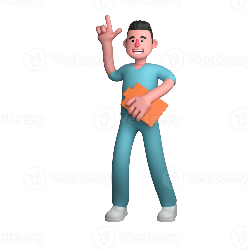 Professional Health Worker Character. A nurse A man is standing holding a clipboard in his left hand while his right hand points up. 3D Male Model png