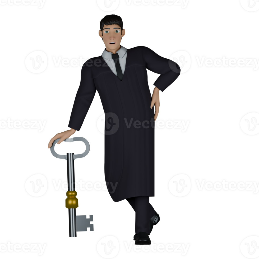 Male Professional Judge - 3D Character. A male judge who appears relaxed as if leaning back and his right hand is resting on a large key, and his left hand is bent at his waist. Judicial png