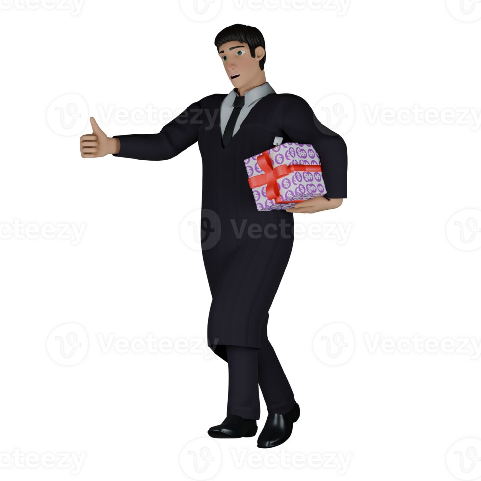Male Judge in 3D. A male judge looks like he is walking while his right hand is pointing his thumb forward while in his left arm is tucked a gift with a red ribbon. Professional Legal png