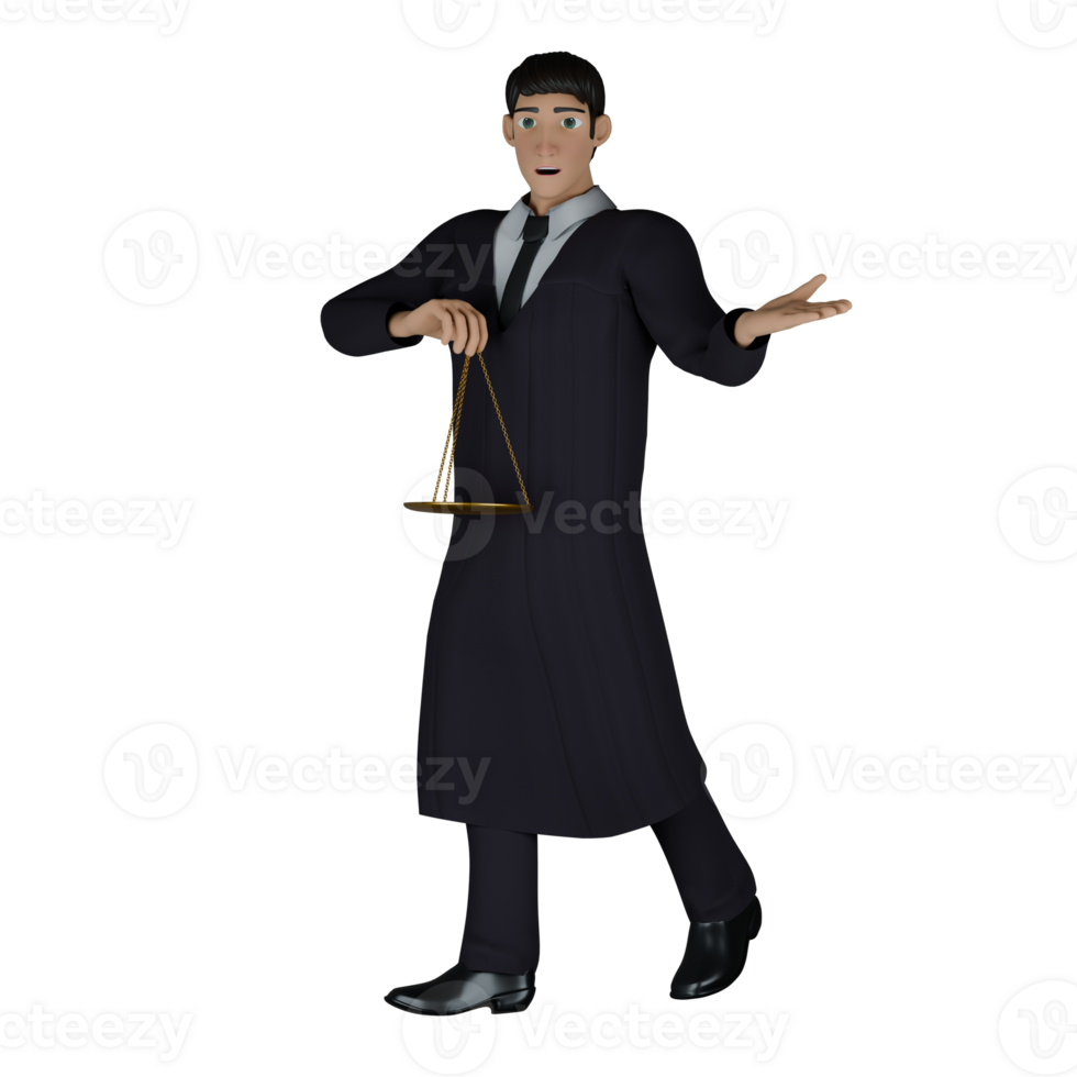 Professionalism of Male Judge in 3D. A male judge holds a scale in his right hand, while his left hand is open as if explaining something. Legal Cartoon png