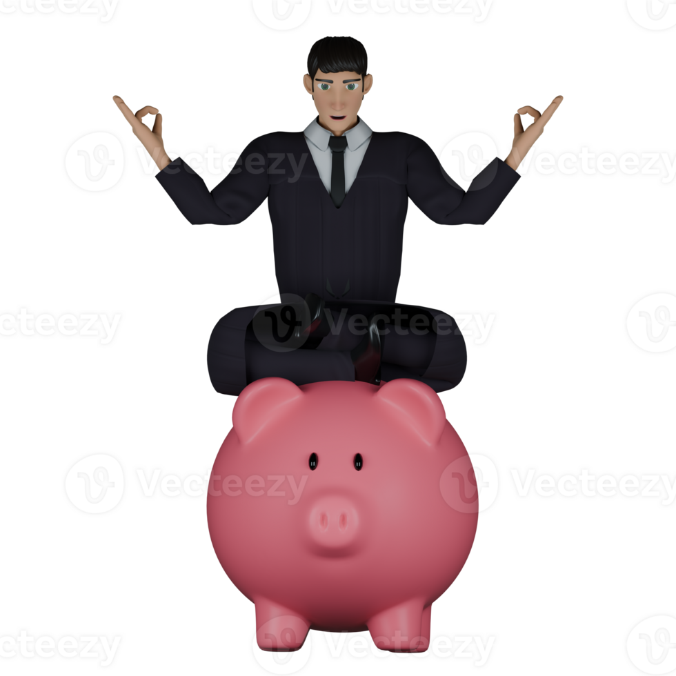 Professional Judge Character in 3D. A male judge is sitting on a large piggy bank and both hands are raised to form an okay symbol on his fingers. Male png