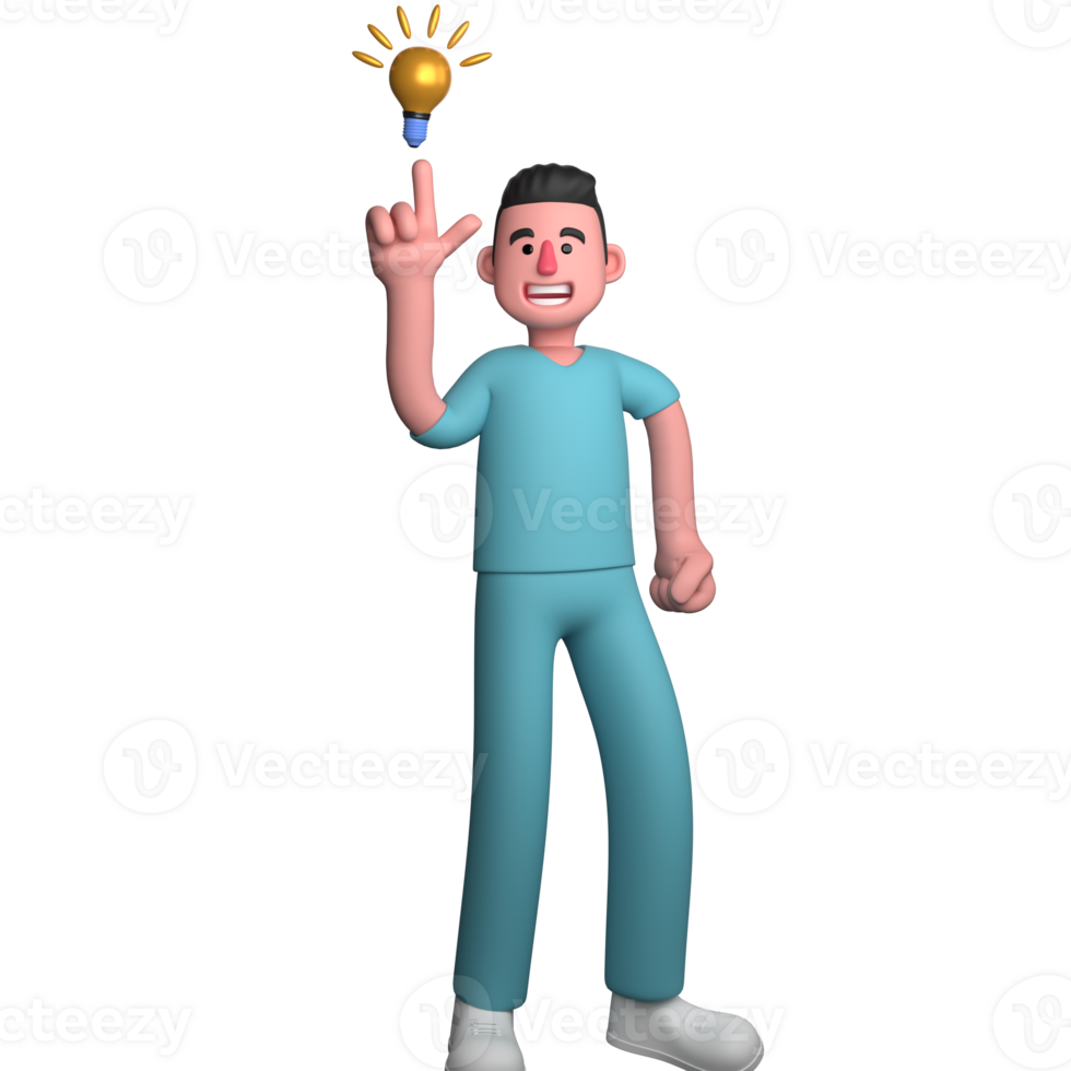 Healthcare Expert 3D Model. A male nurse is pointing up with his index finger, and above him is an icon of a lit light. Male Nurse Cartoon png