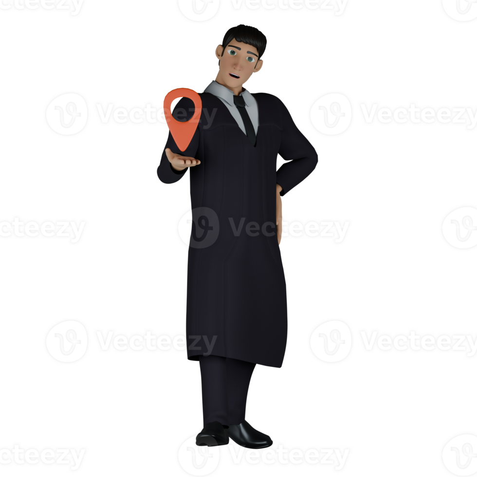 3D Professional in Judiciary. A male judge is standing while pointing with his right hand to the location marker icon and his left hand is on his waist. Male Judge png