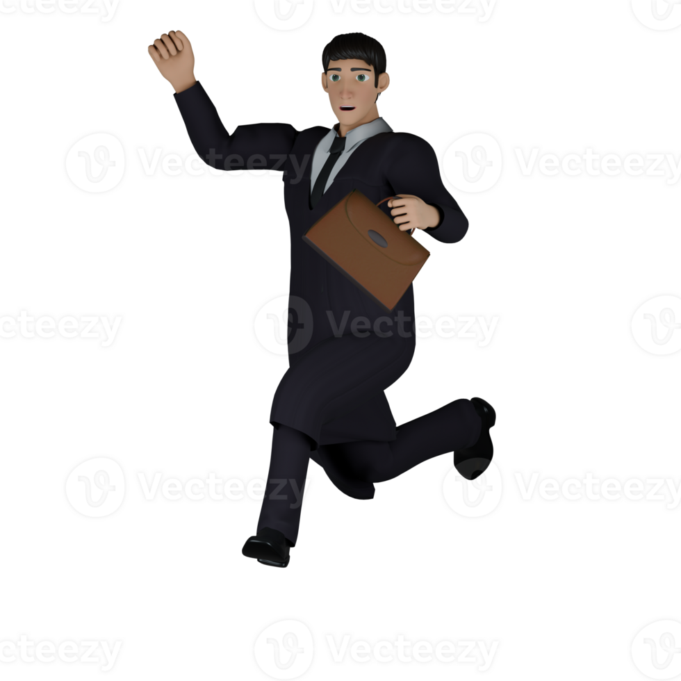 3D Illustrative Male Judge. A male judge looks like he is jumping with his right hand raised and his left hand carrying his briefcase. Legal Professional png