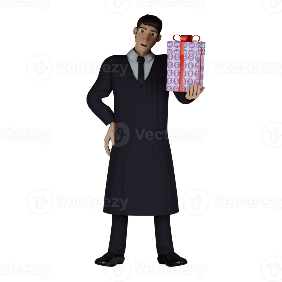 Professional 3D Judicial. A male judge is seen standing with his right hand on his waist, while his left hand is raised parallel to his shoulder while carrying a gift with a red ribbon. Male png