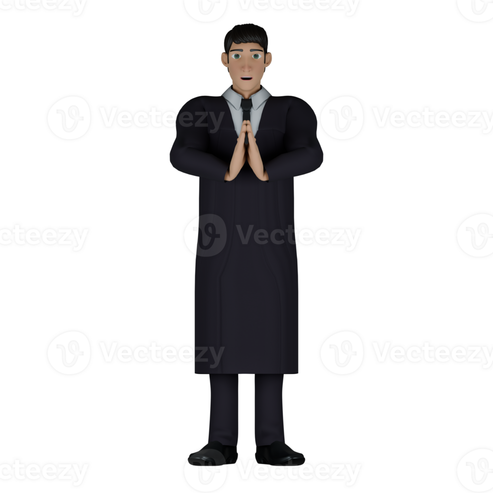 3D Male Judge Character in Action. A male judge who is seen putting his hands together in front of his chest in a position like praying or giving a greeting. Professional png
