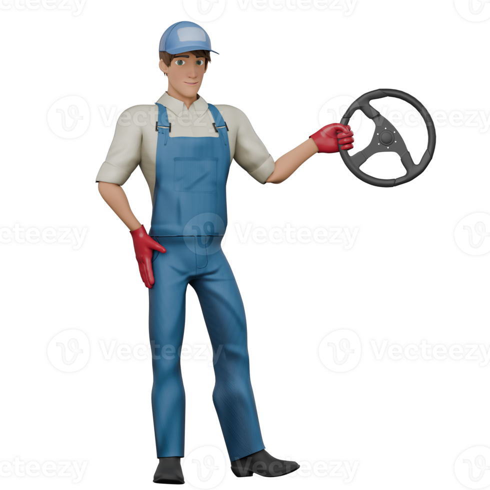 of Professional Male Mechanic. A male mechanic stands with a car steering wheel in his left hand while his right hand is at his waist. Cartoon png