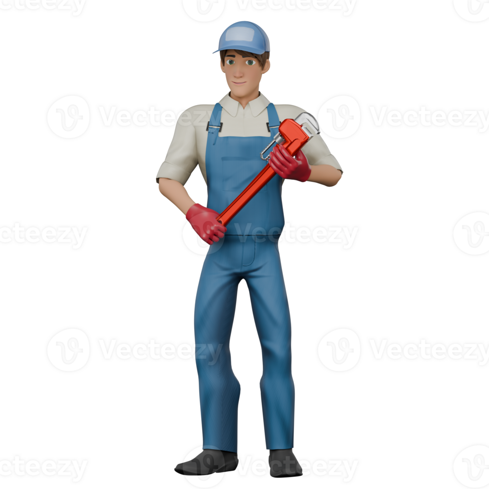 Male Professional Mechanic - 3D Character. A male mechanic stands with both hands holding a wrench. Technical png