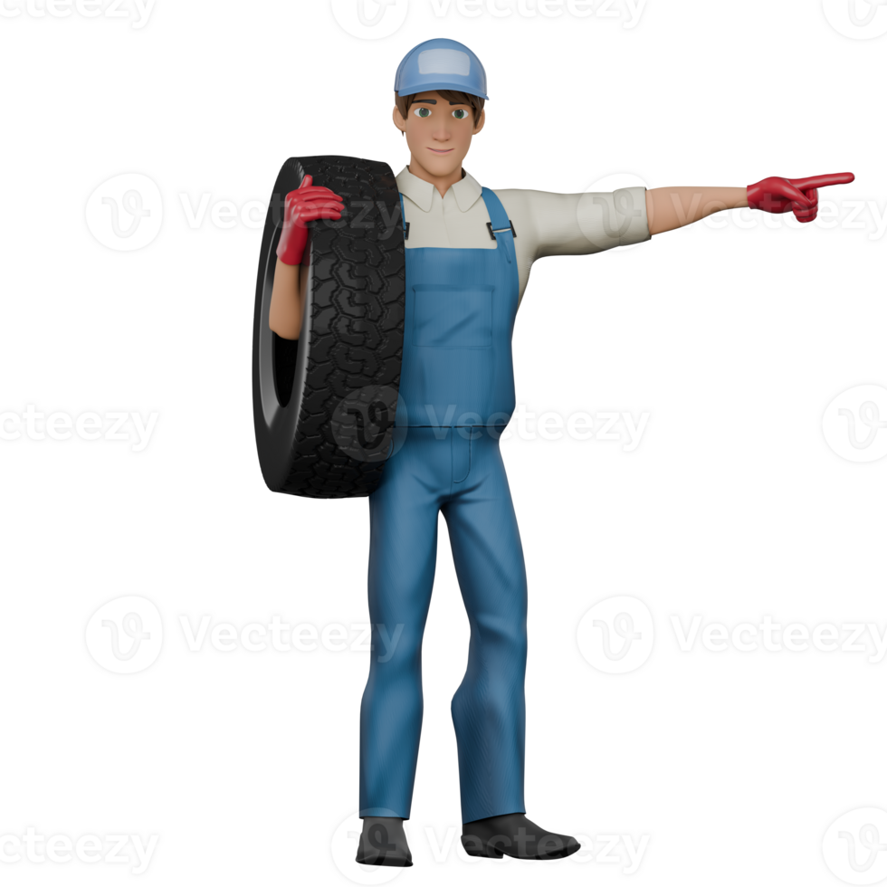 3D Male Mechanic in Workshop. A male mechanic stands while carrying a car tire on his shoulder and his left hand points to the left, as if indicating. Cartoon png