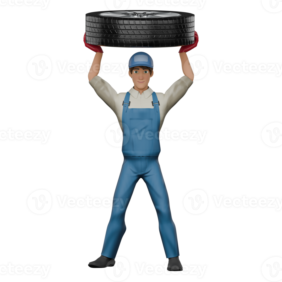 of Male Automotive Professional. A male mechanic stands with both hands lifting a car tire above his head. 3D Mechanic png