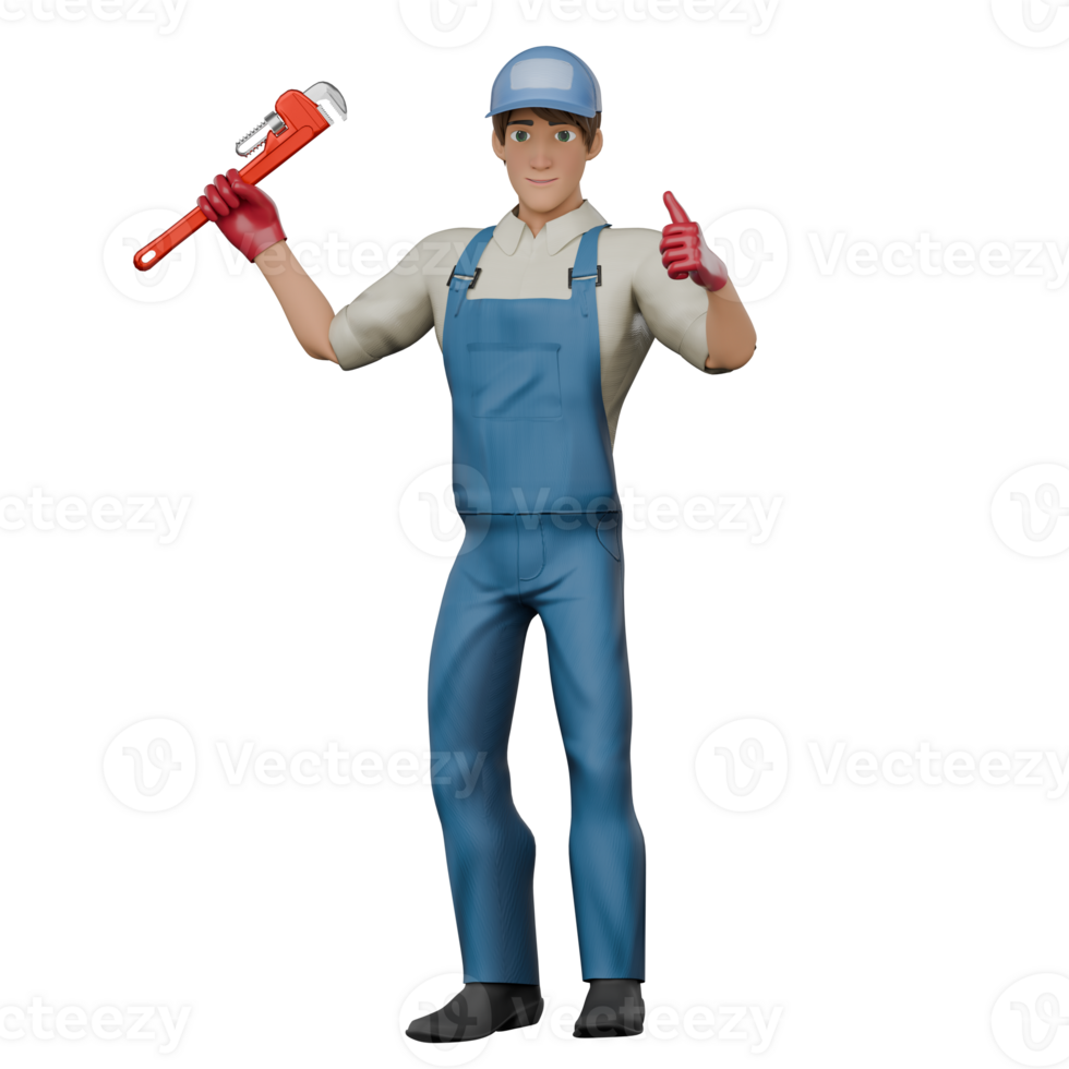 Technical Male Mechanic. A male mechanic stands with his right hand carrying a large pipe wrench while his left hand points. 3D Professional Character png