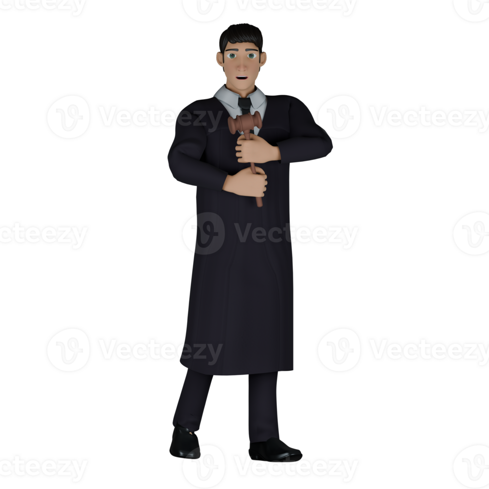 Professional Male Judge in 3D. A male judge walks with both hands holding a court hammer in front of his body. Courtroom Character png