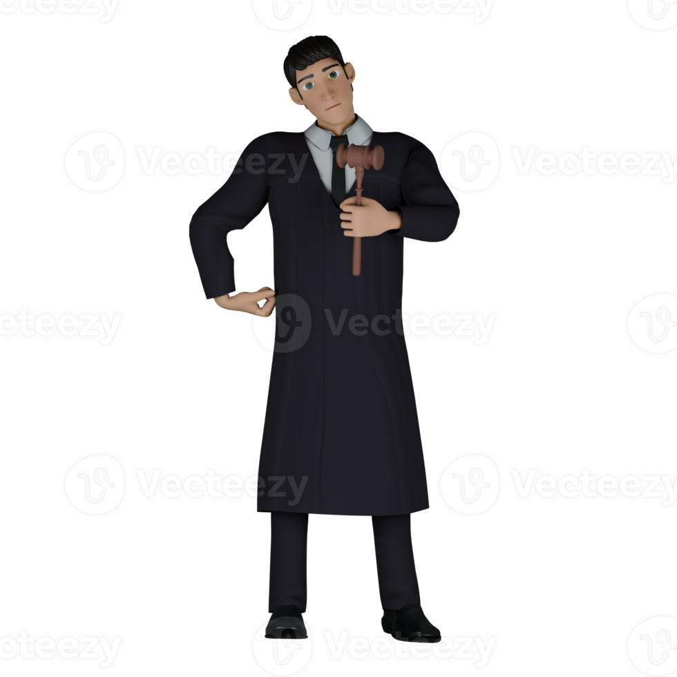 3D Model of Judicial Expert. A male judge stands with his left hand holding the gavel and his right hand on his waist. Cartoon Judge png