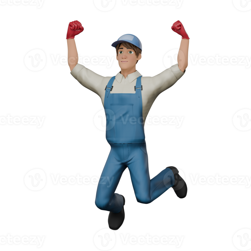 Male Mechanic 3D Professional. A male mechanic jumps with both fists clenched upwards, as if giving the impression of victory. Technical Cartoon png