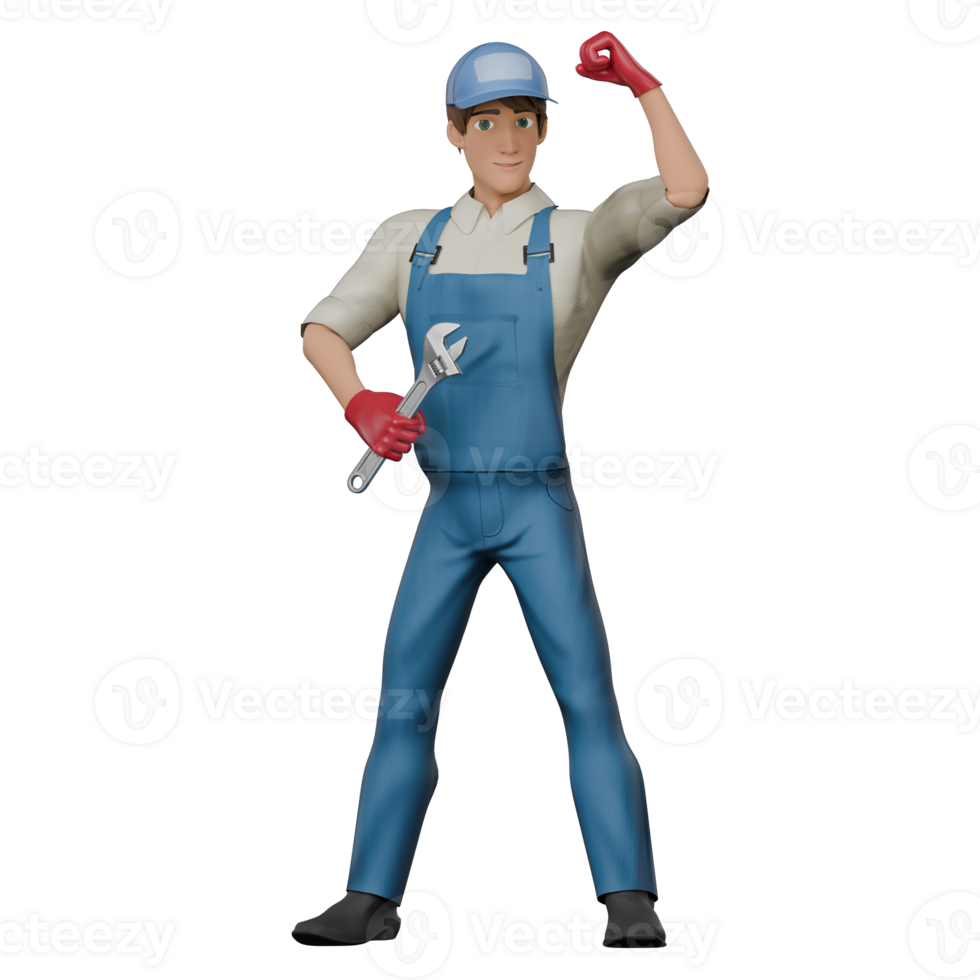 Male Mechanic in 3D Professional Technical. A male mechanic stands with his right hand holding a wrench while his left hand is bent upwards with a fist. Cartoon png