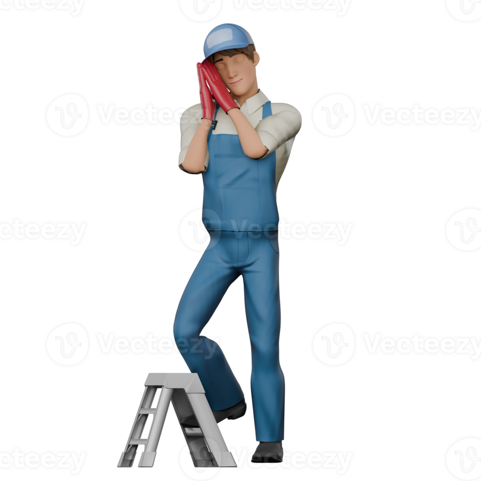 3D Male Mechanic in Technical Profession. A male mechanic stands with his right foot stepping on a small ladder, he is seen leaning both hands on his cheeks, as if sleeping. Illustrated png