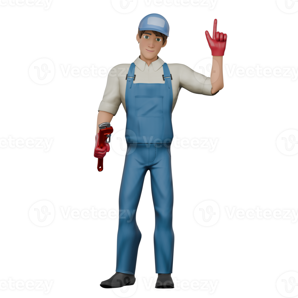 Mechanic Male Professional. A male mechanic stands with his right hand carrying a large crank and his left hand giving a finger symbol like a gun. 3D Cartoon png