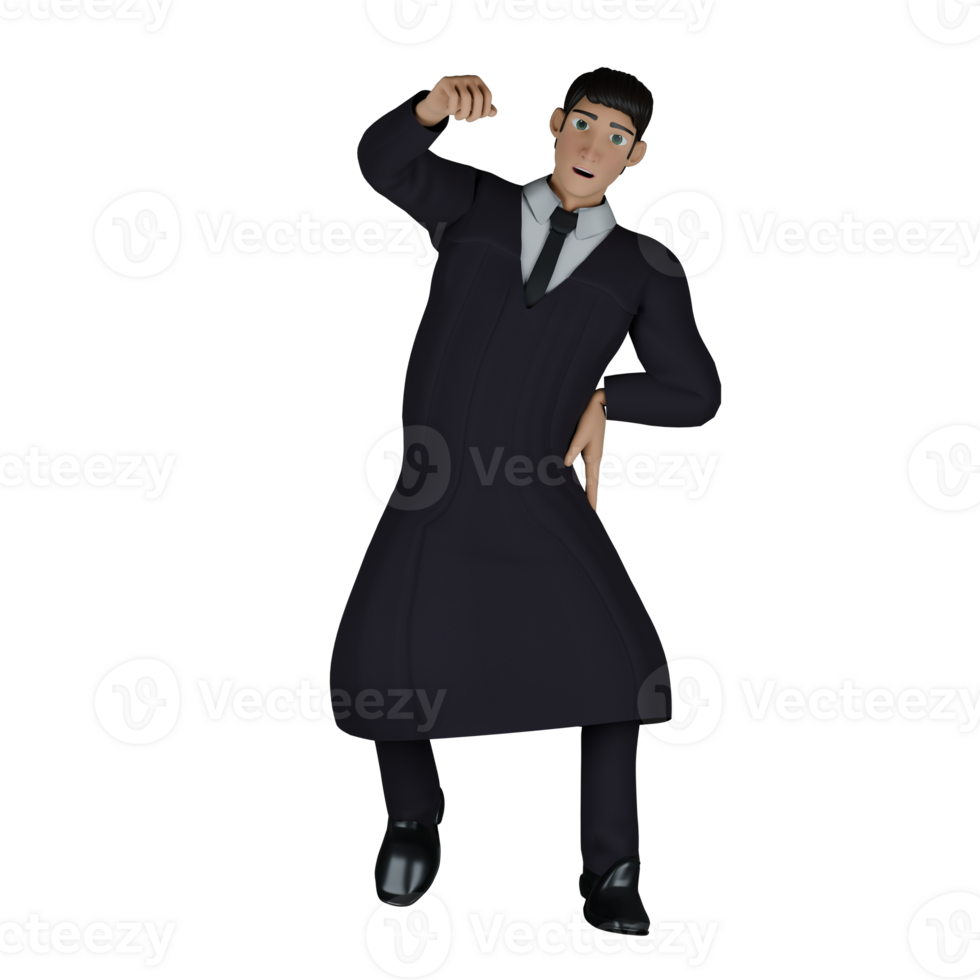 Illustrative 3D Male Judge. A male judge stands with his body slightly tilted, his left hand on his waist while his right hand is raised upwards. Legal Leader png