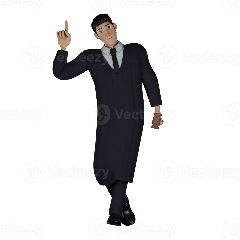 Judge Character 3D. A male judge stands with his legs crossed while his right hand is raised pointing up. Illustrated Male Jurist png