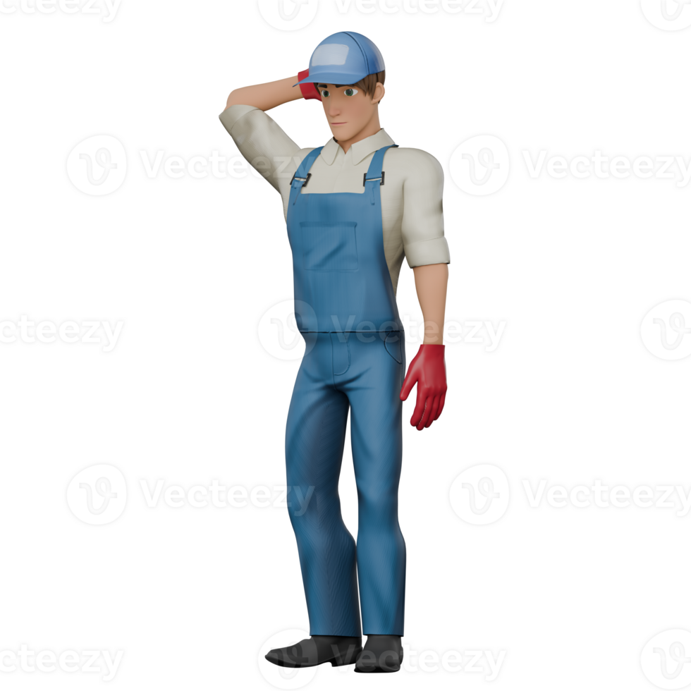 3D Model of Male Mechanic. A male mechanic stands with his right hand behind his head, as if confused. Professional Technician png